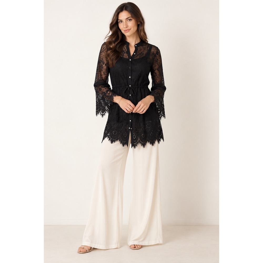Colleen Lopez Lace Tunic Cardigan 1X Black Longline Bell Sleeve Drawstring Waist